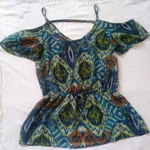 Tropical Print Peep Shoulder Blouse